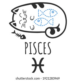 Pisces sign of the zodiac, Cat zodiac, Astrological Sign. Cat horoscope. Zodiac of pets. The hand drawing is isolated on a white background