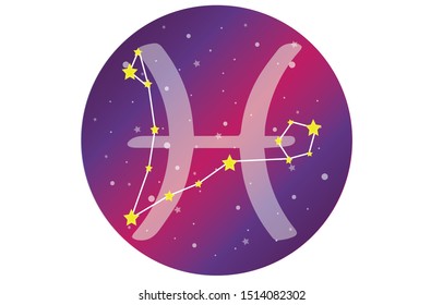 Pisces signs, zodiac background, beautiful and simple vector images in the midst of a starry galaxy with a constellation of Pisces in the front of the sphere with the Pisces symbol.