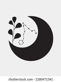 Estrellas de Pisces, arte simple vectorial. Luna negra con planta simple.