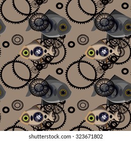 Pisces Steam punk style. Wheels and mechanisms. Seamless pattern.