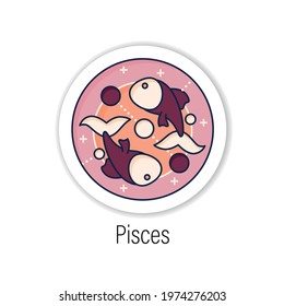 Pisces sticker icon. Twelfth fire sign in zodiac. Fish birth symbol. Horoscope sign badge for designs. Astrological science vector emblem