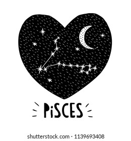 Pisces Symbol. Hand Drawn Zodiac Vector Illustration. White Background. Black and White Stars and Moon. Childish Style. Starry Night Sky Inscribed in the Shape of a Heart. Black Hand Written Letters.