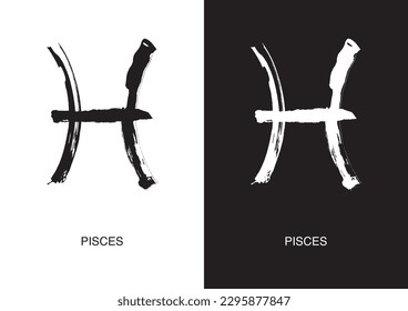 Pisces is the symbol for zodiac signs. Black ink handwriting poster in two color versions. Vector