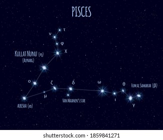 Pisces (The Fishes) constellation, vector illustration with the names of basic stars against the starry sky