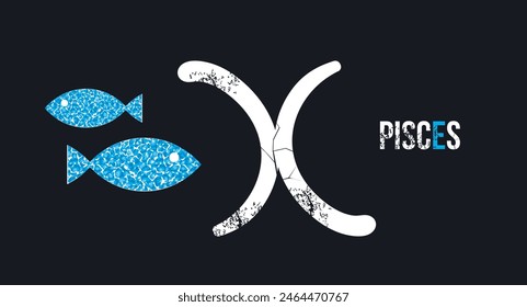 Pisces. T-shirt design of the Pisces symbol along with two celestial fish on a black background.