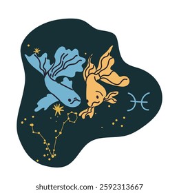 Pisces, two fishes, astrological icon. Zodiac sign, horoscope symbol, esoteric celestial sticker, fish constellation. Hand drawn vector illustration.