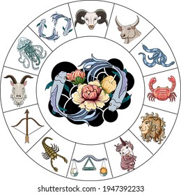 Vector de Pisces de diseño Astrology.circulo horoscopio con signos de vector de conjunto zodiaco.signos como un ario, taurus, gemini, cáncer, leo, virgo, libra, escorpio, sagittarius, capricornio, aquarius, pisces.