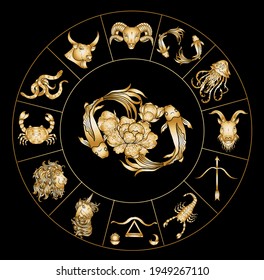 Pisces vector of Astrology design.horoscope circle with signs of zodiac set vector.signs such as a aries, taurus, gemini, cancer, leo, virgo, libra, scorpio, sagittarius, capricorn,aquarius, pisces.