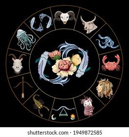 Pisces vector of Astrology design.horoscope circle with signs of zodiac set vector.signs such as a aries, taurus, gemini, cancer, leo, virgo, libra, scorpio, sagittarius, capricorn,aquarius, pisces.