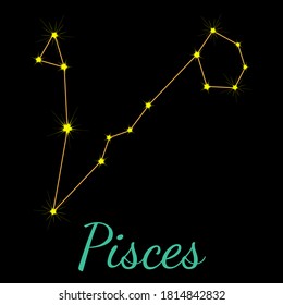 Pisces vector constellation with stars and name. One of twelve  elements of western horoscope. Graphic elements for print designs - calendar, poster, sky map, sticker 