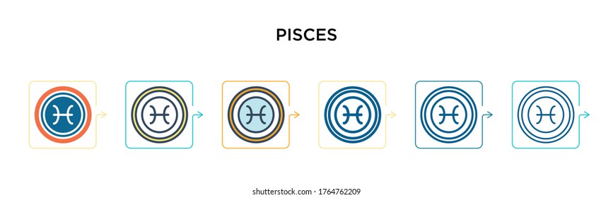 Pisces vector icon in 6 different modern styles. Black, two colored pisces icons designed in filled, outline, line and stroke style. Vector illustration can be used for web, mobile, ui