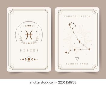 Pisces. Witchcraft cards with astrology zodiac sign and constellation. Perfect for tarot readers and astrologers. Occult magic background. Horoscope template. Vector illustration in boho style.