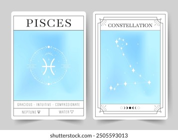 Pisces. Witchcraft cards with astrology zodiac sign and constellation. Modern gradient blurred astrology posters in Y2k style. Perfect for tarot readers and astrologers. Vector illustration.