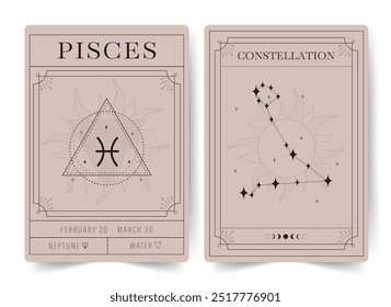 Piscis. Tarjetas de brujería con signo del zodiaco de astrología y constelación. Afiches modernos de astrología bohemia. Perfecto para los lectores de tarot y astrólogos. Ilustración vectorial.