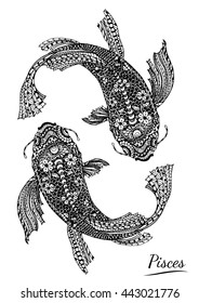 Pisces zentangle of zodiac by hand drawing