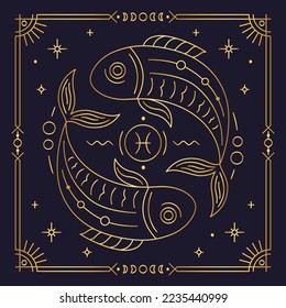 Pisces zodiac astrological horoscope golden sign dark navy card. Stylized Fishes symbol of esoteric, zodiacal astrological calendar, horoscope constellation thin line vector illustration