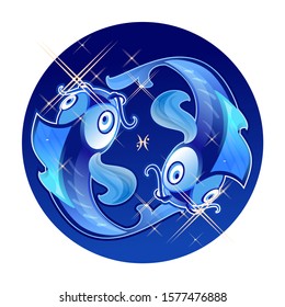 Pisces zodiac astrological sign in round shape isolated on white background, in the Gothic style, horoscope with skulls, alchemy and occultism, vector illustration