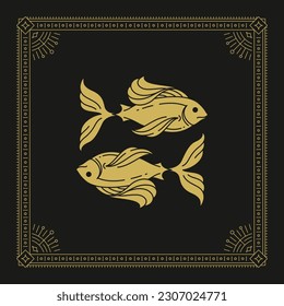 Pisces zodiac astrology horoscope future prediction mythology line art deco vintage card vector illustration. Fishes astrological golden symbol lunar calendar esoteric fortune antique decor artwork