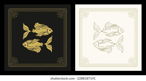 Pisces zodiac astrology mythology celestial antique line art deco vintage card set vector illustration. Fishes astronomy horoscope lunar calendar future prediction astrological fortune decor design