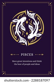 Pisces zodiac astrology symbol horoscope lunar calendar description vintage poster design template vector illustration. Fishes astrological mythology celestial curved water ornament future prediction