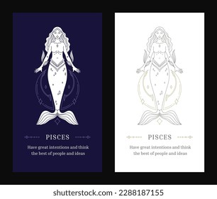 Pisces zodiac astrology woman goddess mermaid line art deco poster design template set vector illustration. Horoscope astrological female character fish elegant lunar calendar decorative description