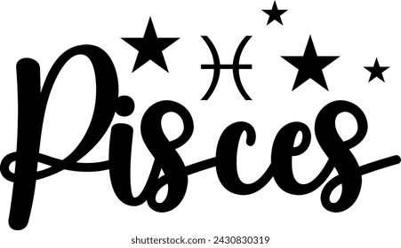 Fische Zodiac Clip Art Typografie Design auf schlichtem weißem transparentem isoliertem Hintergrund für Karte, Hemd, Kapuzenpullover, Sweatshirt, Bekleidung, Tag, Becher, Ikone, Poster oder Abzeichen