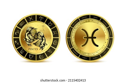 Pisces zodiac coin isolated on a white background. Witchcraft astrology for zodiac constellations. Modern magic divination. Gold coins sign. Realistic 3D vector EPS10 illustration.