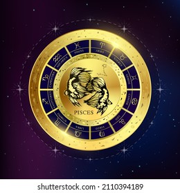Pisces zodiac coin. Witchcraft astrology for zodiac constellations. Modern magic divination. Gold coins sign isolated on a blue background esoteric. Realistic 3D vector EPS10 illustration.