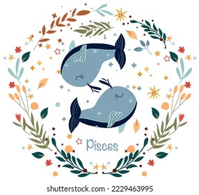 Pisce Zodiac en una colorida corona de hojas, flores y estrellas alrededor. Pisos perfectos para carteles, logotipo, tarjetas. Astrológico Pisces zodiac. Ilustración vectorial.