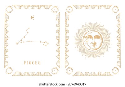 Pisces zodiac constellation, drawn horoscope card in engraving style. Vintage illustration of astrological sign with Sun and Crescent in vector.