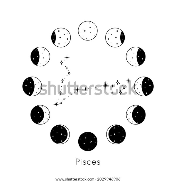 pisces\
zodiac constellation inside circular set of Moon phases. Black\
outline silhouette of stars. Vector\
illustration