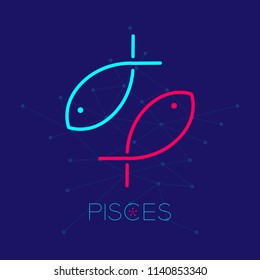 Pisces Zodiac constellation logo icon outline stroke set dash line design illustration isolated on dark blue background with pisces text and copy space
