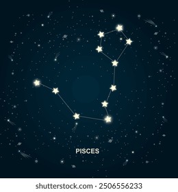 Ilustración vectorial de la constelación del zodiaco de Piscis con estrellas brillantes conectadas por líneas, frente a un oscuro cielo nocturno lleno de estrellas, planetas y Elementos cósmicos. Perfecto para astrología, horóscopo