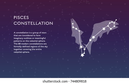 Pisces zodiac constellation vector sign with silhouette. Modern poster design with place for text 