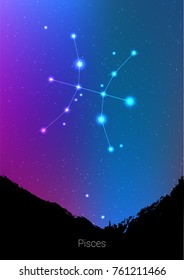 Pisces zodiac constellations sign with forest landscape silhouette on beautiful starry sky with galaxy and space behind. Pisces horoscope symbol constellation on deep cosmos background. Card design