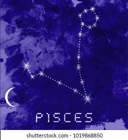 Pisces zodiac constellations sign on beautiful starry sky with galaxy and space behind. Fish sign horoscope symbol constellation on deep cosmos background. vector watercolor style 