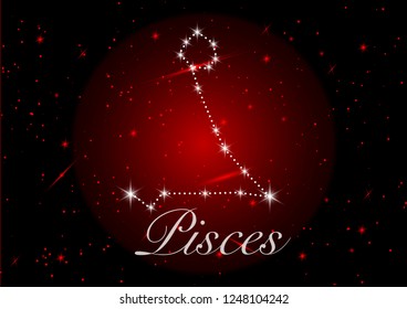 Pisces zodiac constellations sign on beautiful starry sky with galaxy and space behind. Fish sign horoscope symbol constellation on deep cosmos background. vector red background 