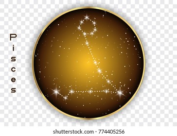 Pisces zodiac constellations sign on beautiful starry sky with galaxy and space behind. Fish sign horoscope symbol constellation on deep cosmos background. vector isolated 