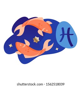 Pisces zodiac and horoscope concept. Modern vector art with two fishes. Illustration for horoscope and astrology apps, dating websites, astrology predictions.