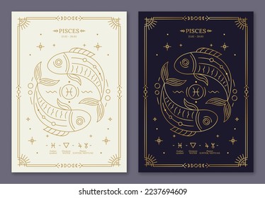 Pisces zodiac horoscope golden signs on dark navy and white cards set. Stylized Fishes symbols of zodiacal astrological calendar, horoscope constellation, cover design thin line vector illustration