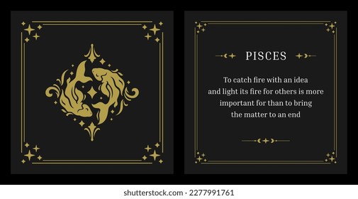 Pisces zodiac horoscope lunar calendar future prediction vintage card design template set vector illustration. Fishes astrological symbol floral ornate stars antique frame celestial constellation