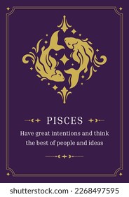 Pisces zodiac horoscope symbol vintage poster description design template vector illustration. Fish water character astrology esoteric fortune constellation lunar calendar elegant purple antique decor