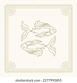 Pisces zodiac line art deco symbol antique frame vintage card design vector illustration. Fishes horoscope astrological lunar calendar prediction mythology esoteric artwork celestial constellation