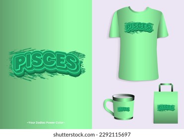 Pisces zodiac power color is light green. Typography t-shirt, tote bag, and cup design for merchandise and print. Mock-up templates included