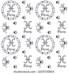 Peixes zodíaco padrão sem emenda com símbolos astrológicos, sol, lua e texto manuscrito. Representa o misticismo celeste e a identidade do sinal estelar em um design de vetor desenhado à mão elegante