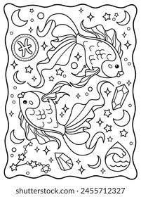 Pisces zodiac sign, 2 goldfish. Kawaii. Cute characters. Coloring page, page, book, black and white vector illustration.