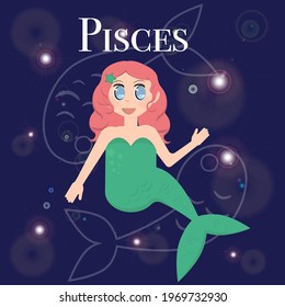 Pisces zodiac sign. Anime girl with a fishtail, pink hair and a star in her hair. Against the background of the night sky with stars. At the top is the inscription Pisces.

