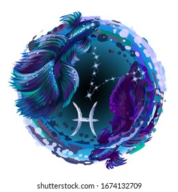 Pisces. Zodiac sign. Artistic, color, drawn image of the zodiac of Pisces with a symbol and star scheme in watercolor style on a white background.