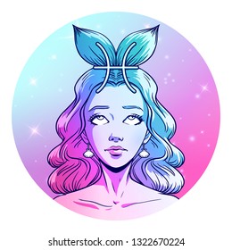 Pisces zodiac sign artwork, beautiful girl face, horoscope symbol, star sign, vector illustration