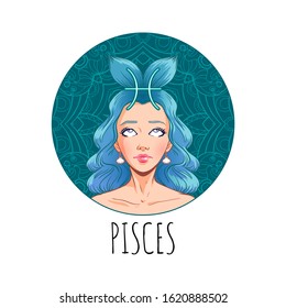 Pisces zodiac sign artwork, beautiful girl face, horoscope symbol, star sign, vector illustration